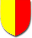Parted per pale or and gules